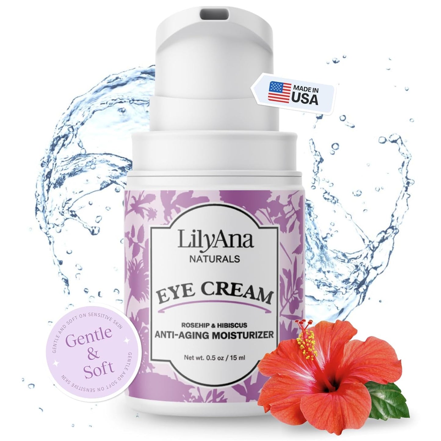 LilyAna Naturals Eye Cream - Eye Cream for Dark Circles and Puffiness, Under Eye Cream, Anti Aging Eye Cream Reduce Fine Lines and Wrinkles (0.5 Ounce, Rosehip and Hibiscus (Bottle))