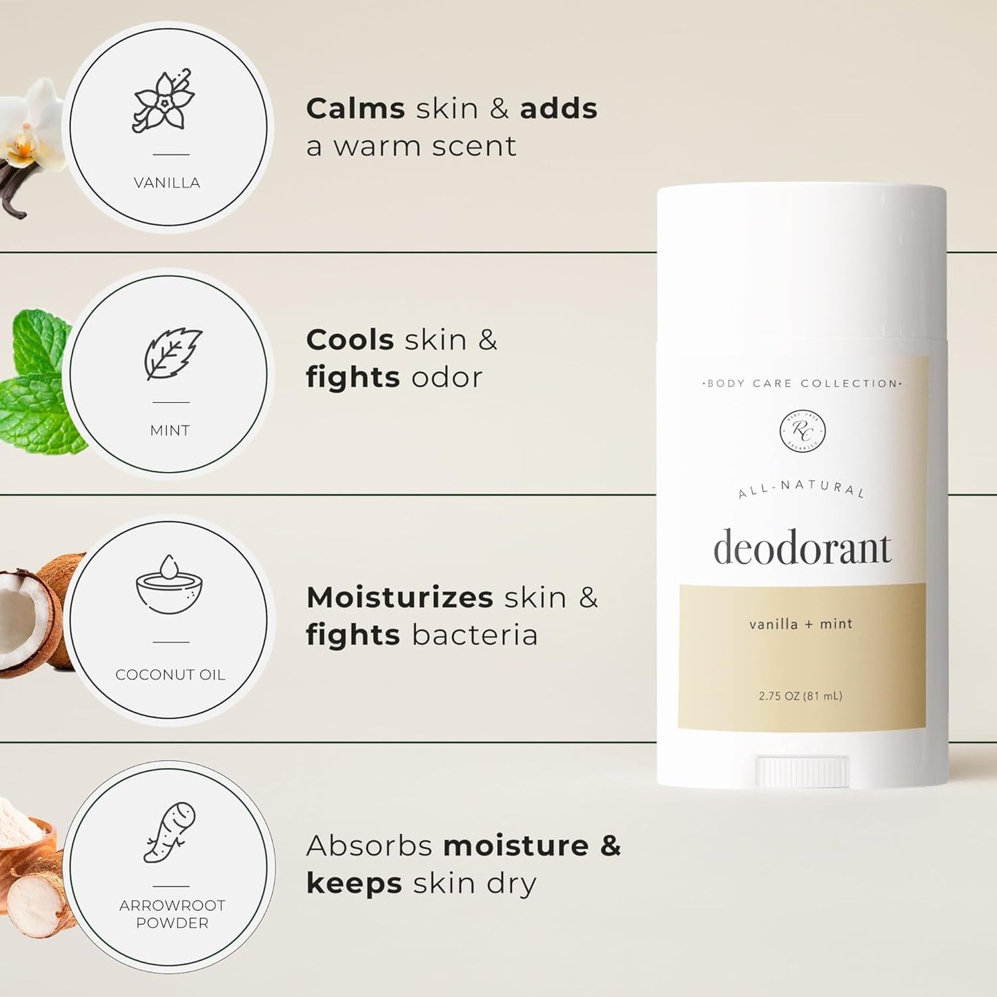 Rowe Casa Organics Vanilla + Mint Natural Deodorant for Men and Women, Sweet and Refreshing Paraben-Free Deodorant Stick with Therapeutic-Grade Essential Oils, 2 oz