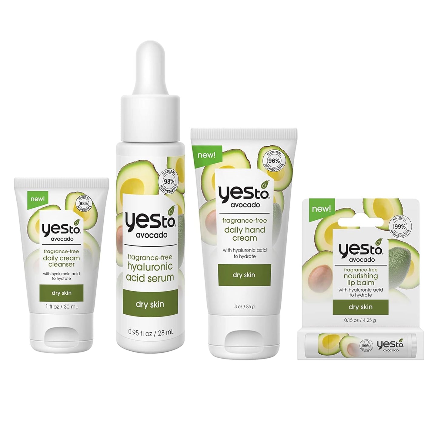 Yes To Avocado Fragrance-Free Skincare Set, Daily Cream Cleanser, Hyaluronic Acid Serum, Hand Cream, Nourishing Lip Balm