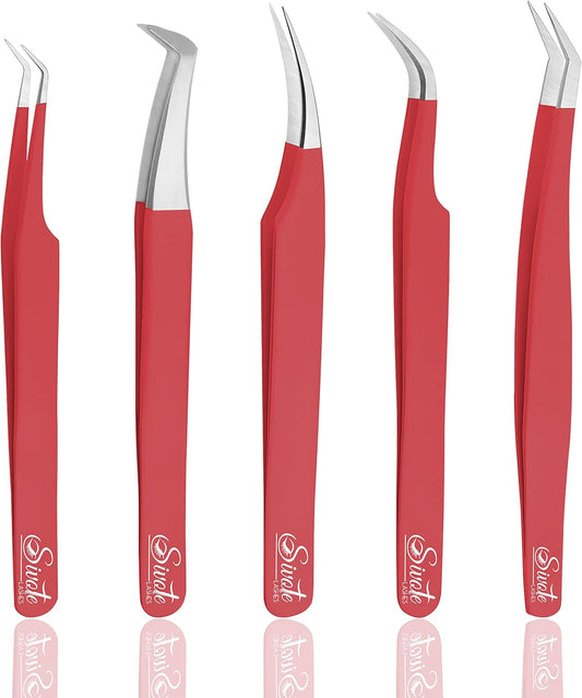 SIVOTE Eyelash Extension Tweezers for Classic & Volume Lashes, 5-Pack, Red