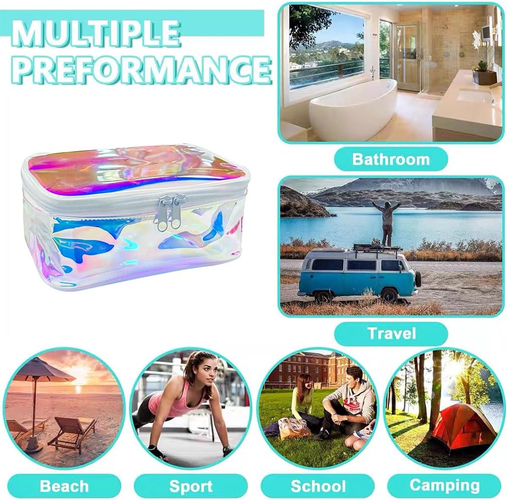 Holographic Makeup Bags Bulk,Clear Storage Bag Toiletry Pocket Portable Zippered Iridescent Pouch Waterproof Cosmetic Gift Bags for Women (Holographic Pink(White Frame))