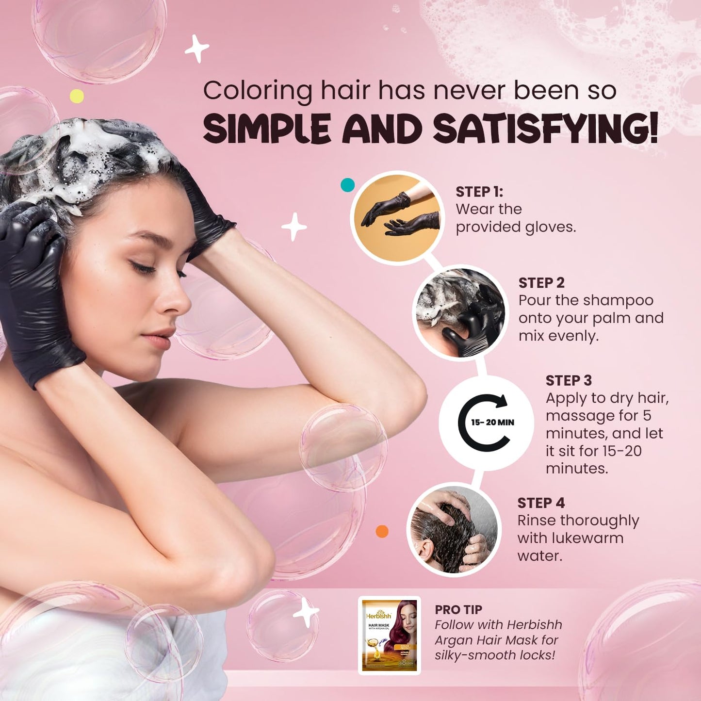 Herbishh Bubble Foam Hair Dye Shampoo, 3 in 1 Dye for 100% Grey Coverage, Permanent Hair Coloring for Men & Women, Long-lasting & Travel-friendly, Ammonia-free, 10 Sachet x 24 ml (Chestnut Brown)