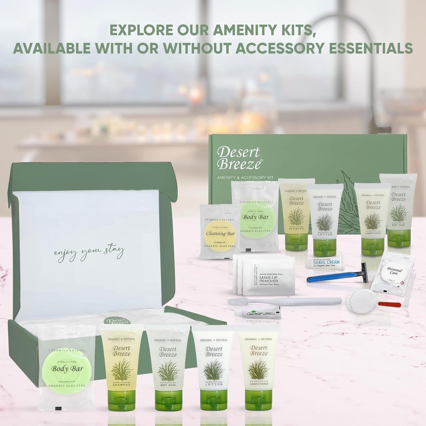 Amenity Kit | Boxed Hotel Toiletries | Bulk Set 1oz Travel Size Shampoo, Conditioner, Lotion, Body Wash & Body Bar Soap for Guest Hospitality AirBnB/Vacation Rentals | 1 set per case