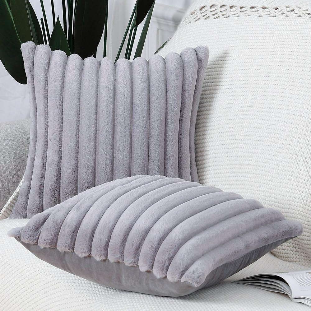 MADIZZ Set of 2 Faux Wool Plush Decorative Throw Pillow Covers 16x16 Inch Grey Fluffy Striped Soft Decorative Cushion Cover for Sofa Bedroom Pillow Shell