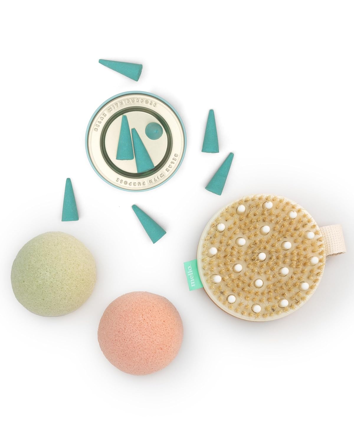 Mello Bath Accessories Deep Soak | Self Care Gifts for Women | Spa Gifts for Women & Relaxation Gifts for Women | Bath Accessories Includes Konjac Sponge, Incense Cones & Exfoliating Brush