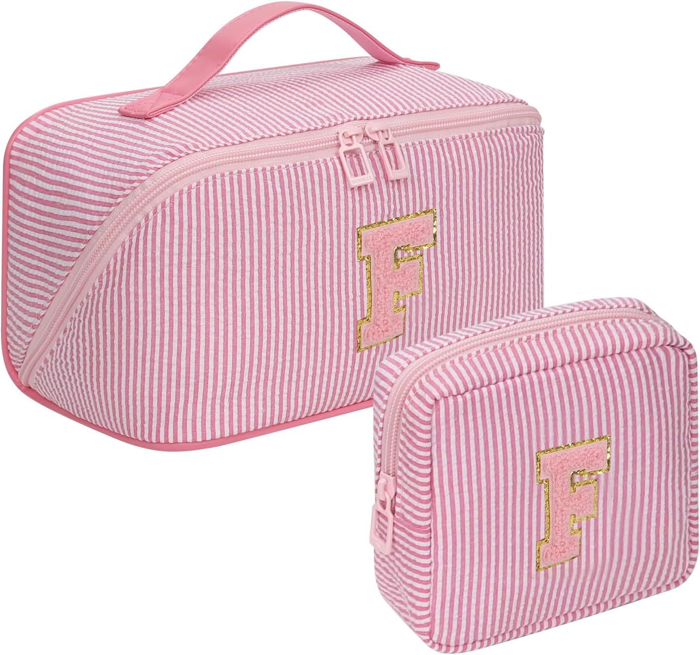 Travel Makeup Bag for Women, 2Pcs Portable Personalized Initial Makeup Organizer Bag, Open Flat Large Cosmetic Bag With Travel Essential Pouch (Pink Letter F)