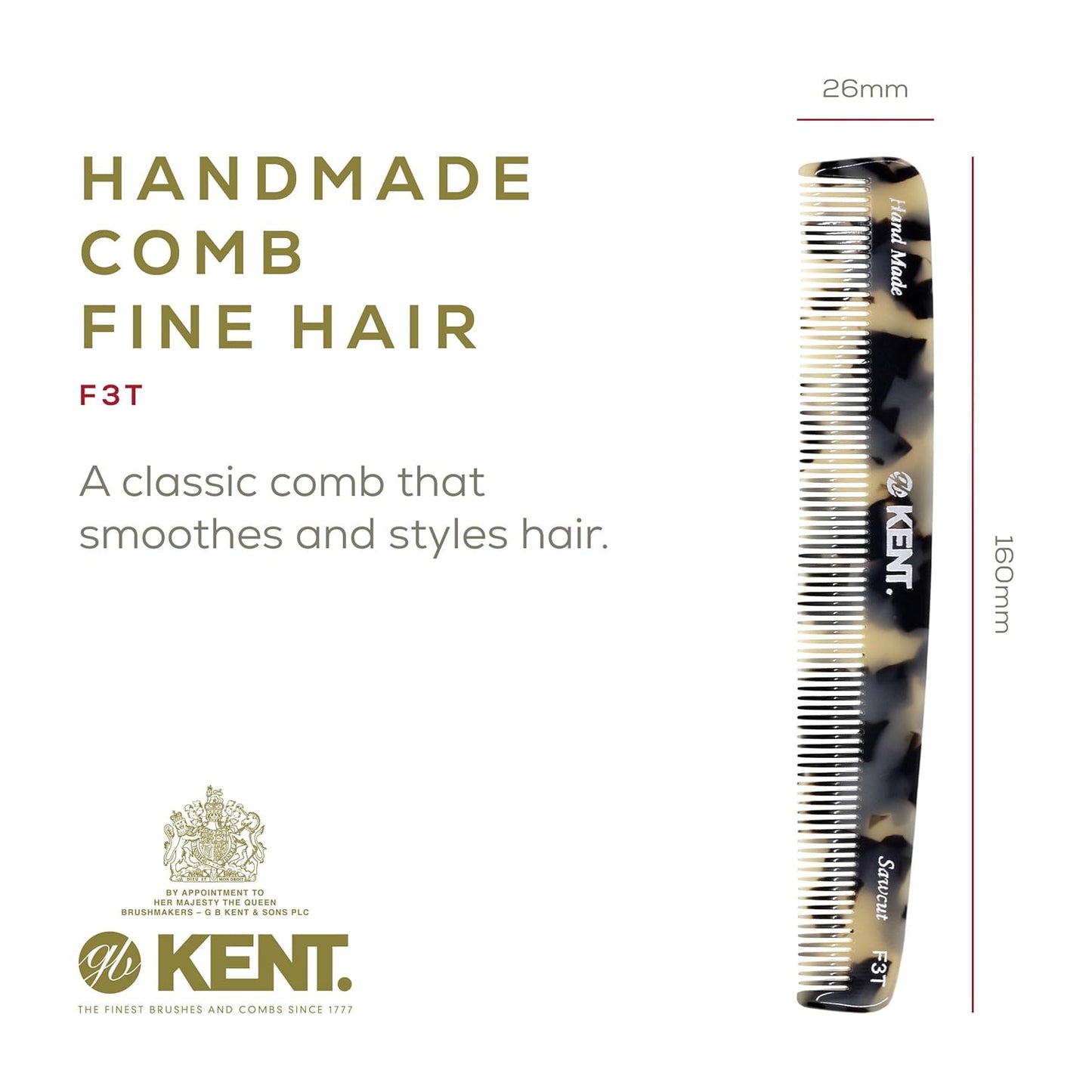 Kent F3T TW Fine Tooth Comb for Hair Parting, Handmade Combs for Men and Straightening Comb for Women, Dandruff Remover Kent Mens Combs for Fine Hair