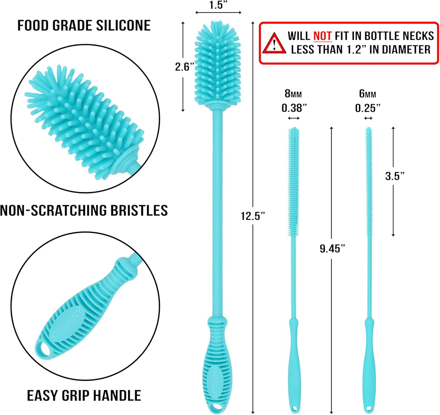 12.5” Silicone Bottle Brush & Straw Cleaner Brush Set | Water Bottle Cleaner for Hydro Flasks, Tumblers, Glassware, Vases and Narrow Neck Containers