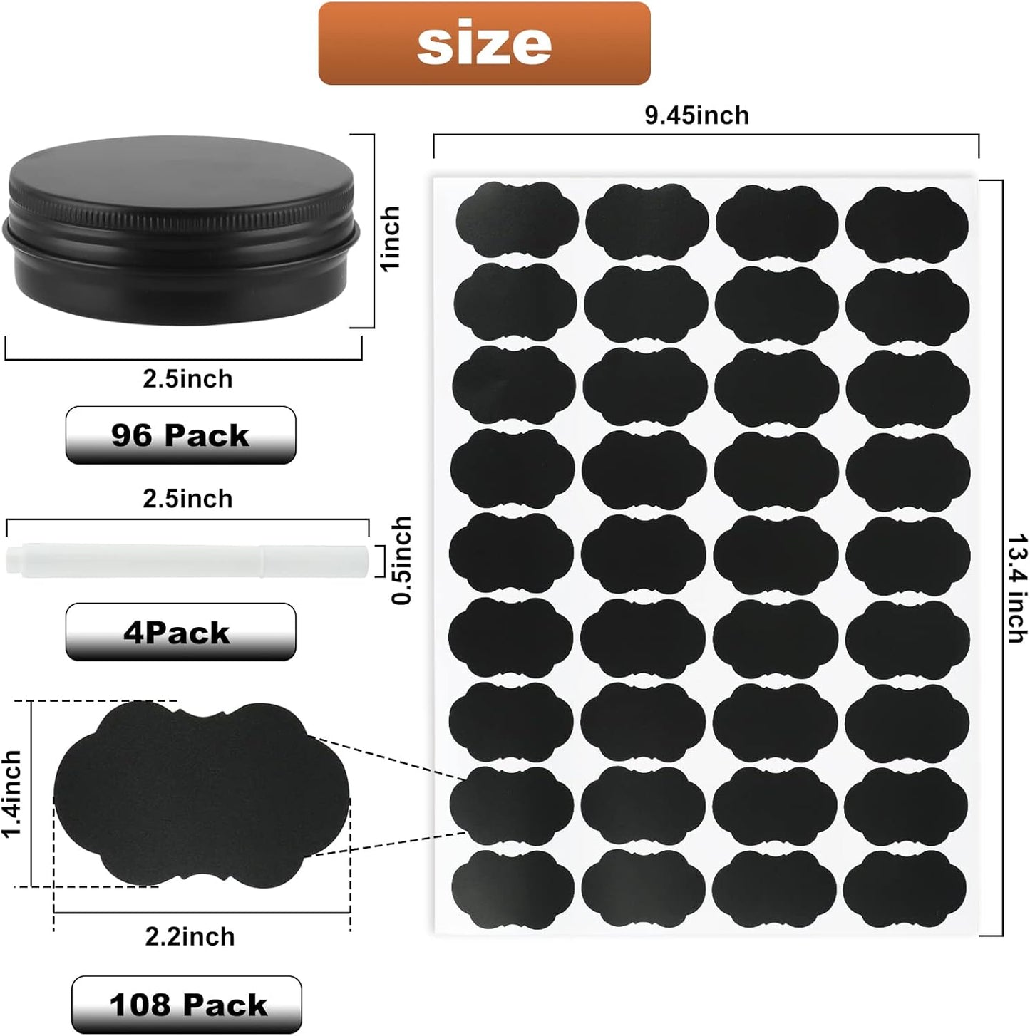 96 Pack Round Cans with Screw Lid 2 Oz Aluminum Metal Tins DIY Food Candle Containers for Lotion Bars, Balms, Salve, Spices, Beard Balm, Crafts with 4 Markers 3 Sheets Label Stickers (Black)