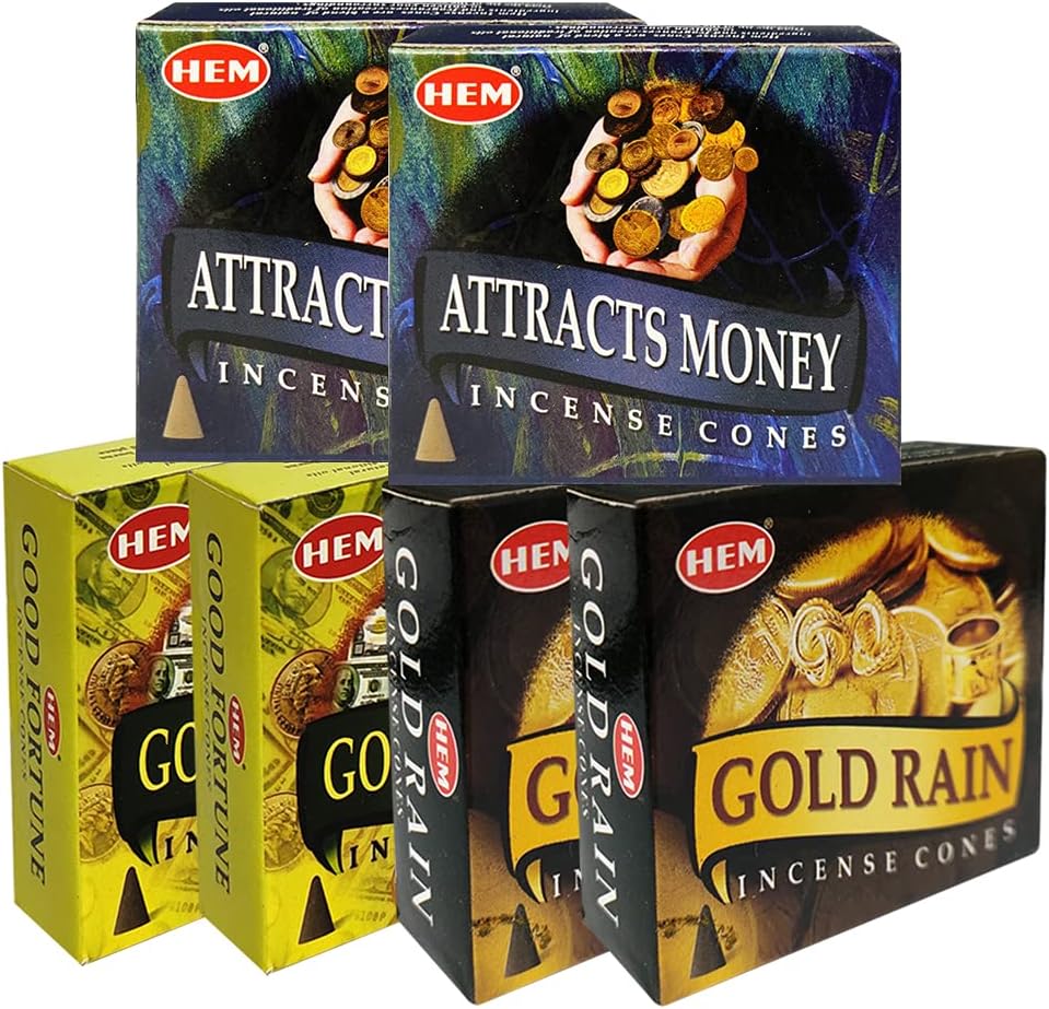 Attracts Money Good Fortune Gold Rain Incense Cones & Holder Bundle Variety Pack From Hem Trumiri Insense Insence