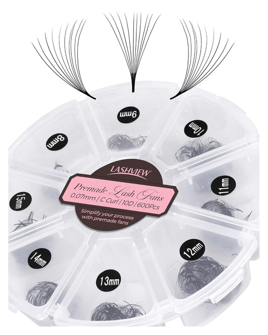 LASHVIEW 600 Premade Volume Eyelash Extensions Mixed Tray Fans C Curl Pointed Handmade Loose Fans Thin Base (10D-0.07C,8-15mm)