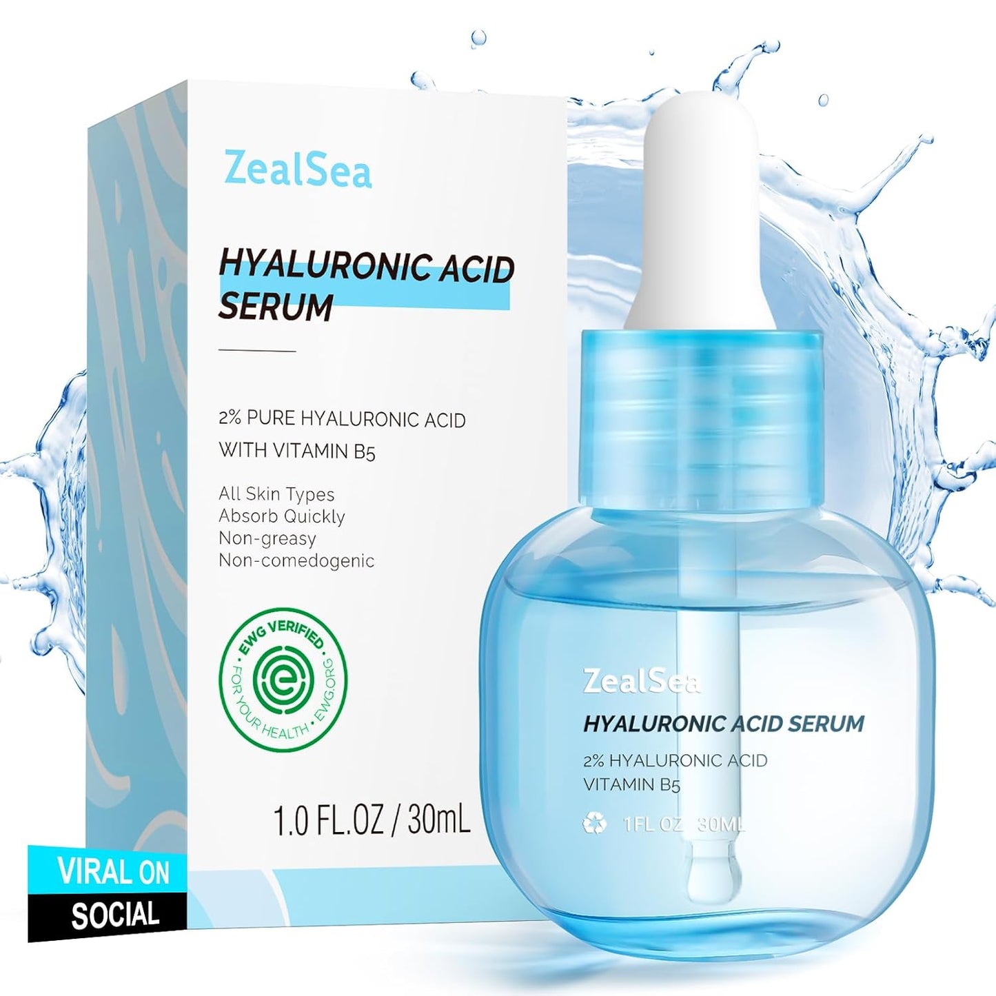 ZealSea Hyaluronic Acid Serum for Face, Hydrating Microneedling Serum, EWG Certified for Sensitive Skin, Vegan Fragrance Free Non-Comedogenic Absorb Quickly, Pure Hyaluronic Acid Anti-Aging 1 Oz
