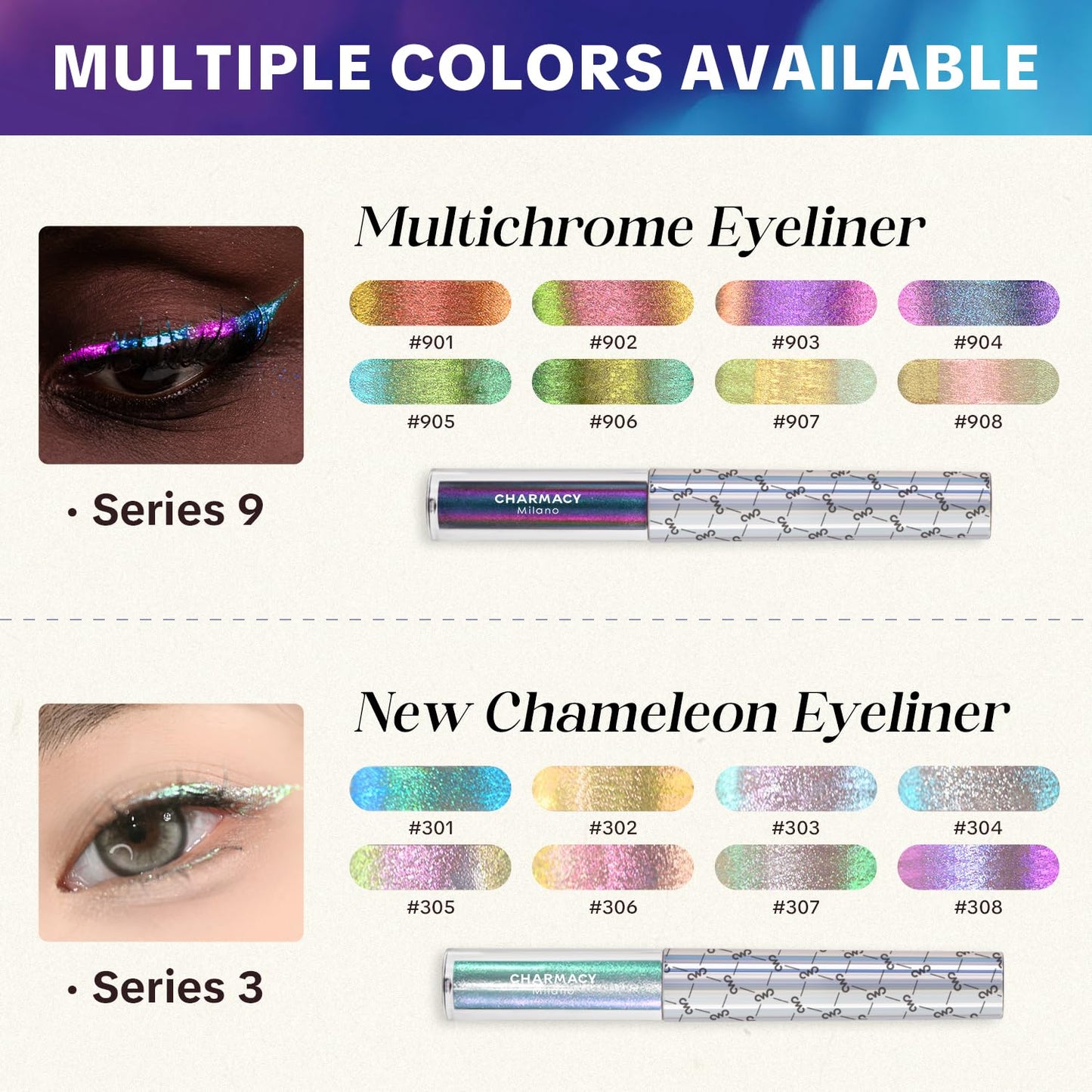 CHARMACY Chameleon Liquid Glitter Eyeliner - Highly Pigmented, Metallic MultiColor Shifting, Waterproof, Ultra-Fine Tip, Longwearing, Smudge-proof (#302)