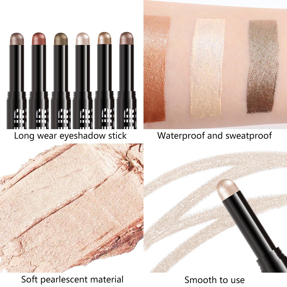 Beige Shimmer Cream Eye Shadow Stick Makeup for Women, Bright Nude Shimmer Matte Eye Shadow Brightener Stick for Eyes, Waterproof Eyeshadow Pencil Applicator Blendable for Eye Highlight 10