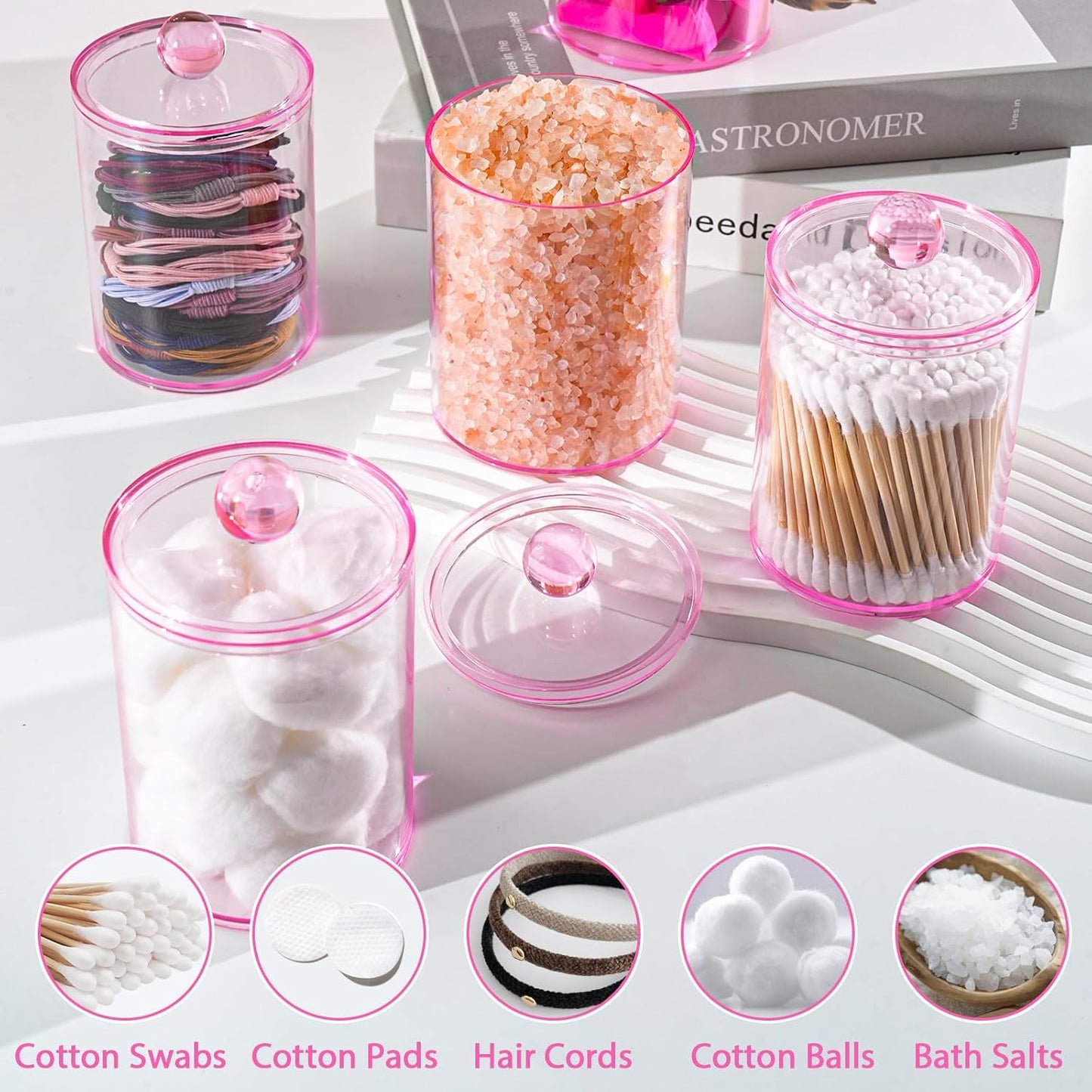 2 Pack Qtip Holder,Canister Apothecary Jar Set, Bathroom Jars with Lids Set for Cotton Swabs, Balls, Pads, Floss Picks,10oz-12oz Plastic Canisters Restroom Bedroom Vanity Organizer(Pink)