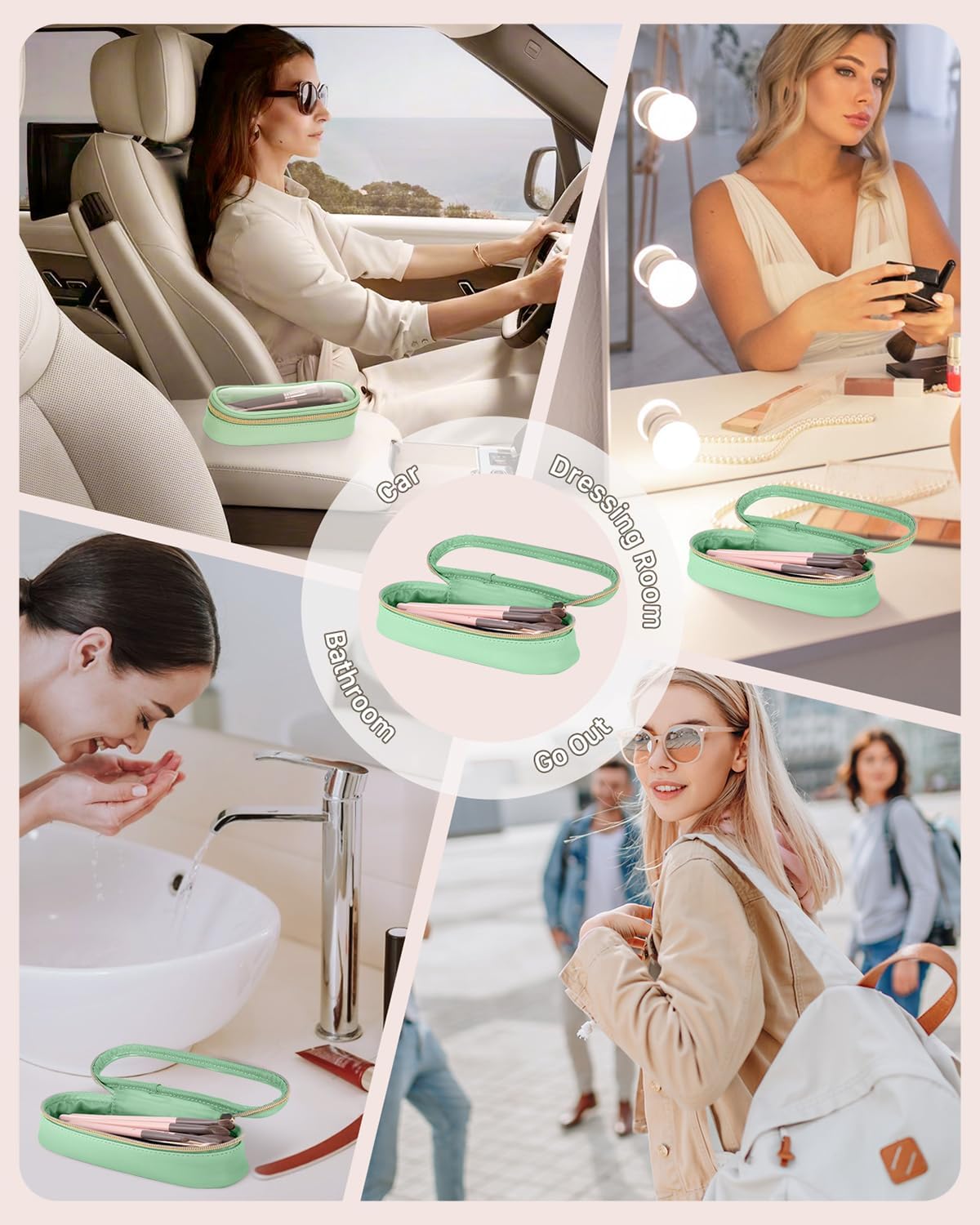 Clear Travel Makeup Brush Holder, Leather Makeup Brush Toiletry Bag, Portable Cosmetic Brush Case, Transparent Waterproof Makeup Brush Storage Bag, Mint Green