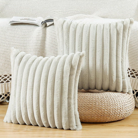 MADIZZ Set of 2 Faux Wool Plush Decorative Throw Pillow Covers 26x26 Inch Greyish White Fluffy Striped Soft Decorative Cushion Cover for Sofa Bedroom Pillow Shell