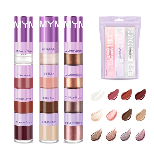3 Pcs Cosmetic Sets 12 colors 4-Function cosmetic stick +Nonstick Raincoat Lip Gloss（3 colors+Clear Lip Gloss）+Liquid Eyeshadow in Four Colors Sets Waterproof