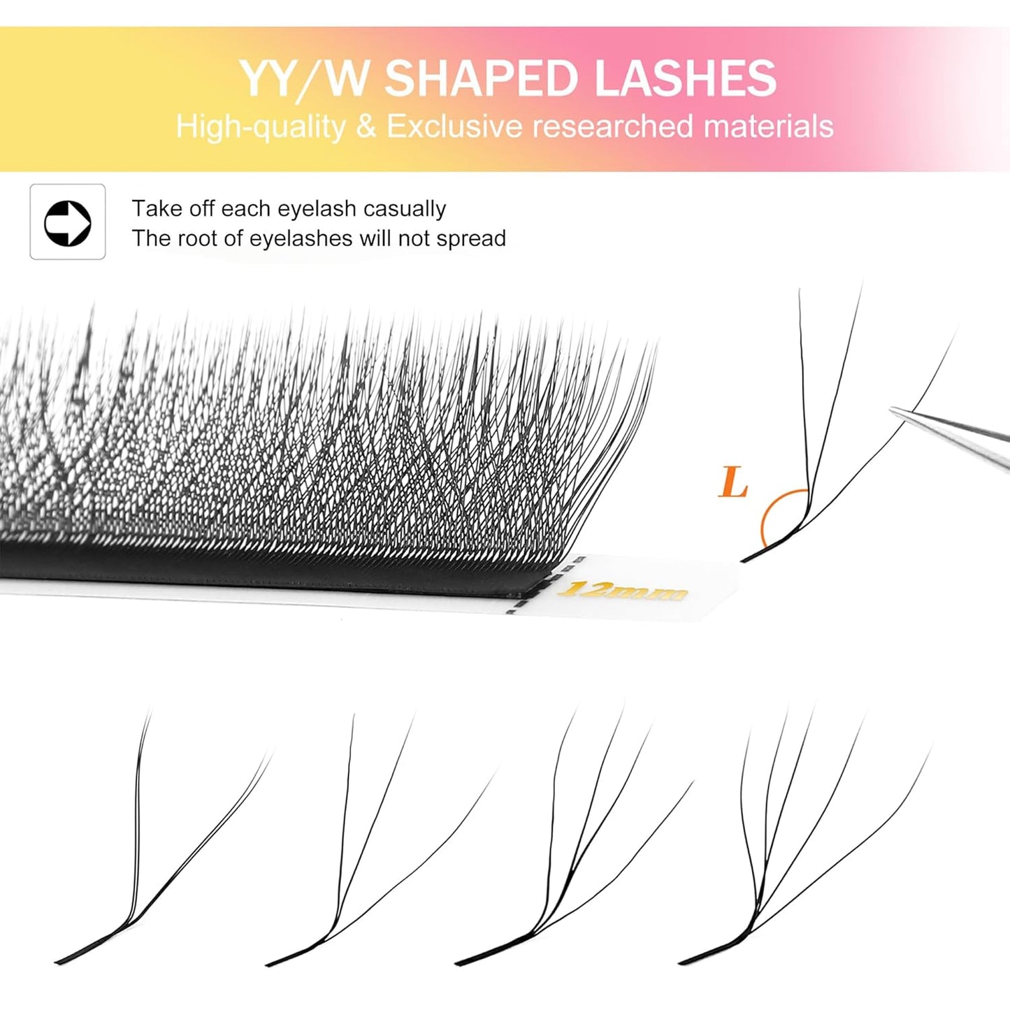 W Lash Extensions 4D Eyelash Extensions W Shape 0.07mm Thickness L Curl 12mm Premade Fans W Lashes Individual Lashes Matte Black 12 Rows False Eyelashes Volume Lashes(W-4D-0.07-L,12mm)