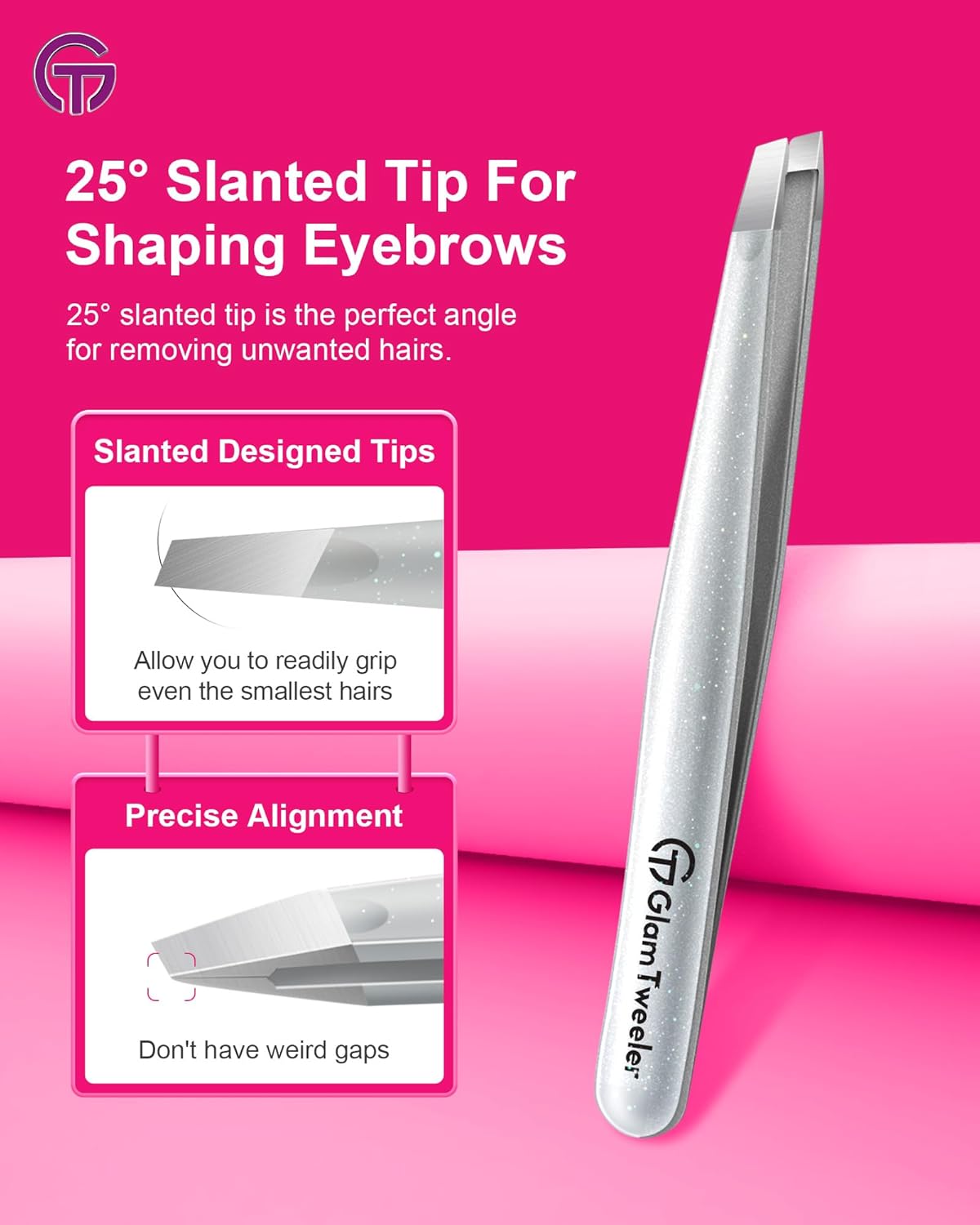 Expert Slant and Point Tip Tweezer Set with Exclusive Storage & Carrying Case, GlamTweeler Sharp & Precision Tweezer Set for Eyebrows, Facial Hairs and Fine Hairs Removal (Sparkle Silver)