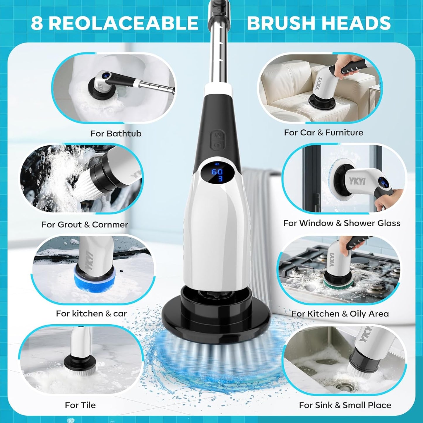 YKYI Electric Spin Scrubber,Cordless Cleaning Brush,Shower Cleaning Brush with 8 Replaceable Brush Heads, Power Scrubber 3 Adjustable Speeds,Adjustable & Detachable Long Handle,Voice Broadcast