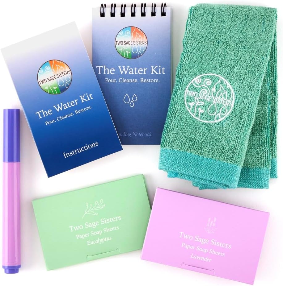 The Water Kit by Two Sage Sisters - Self Care Kit with Soap Sheets, Notebook, Marker, and Washcloth, Bath Shower Sets for Meditation and Relaxation, Mini Spa Kit Self Care Box for Women and Men
