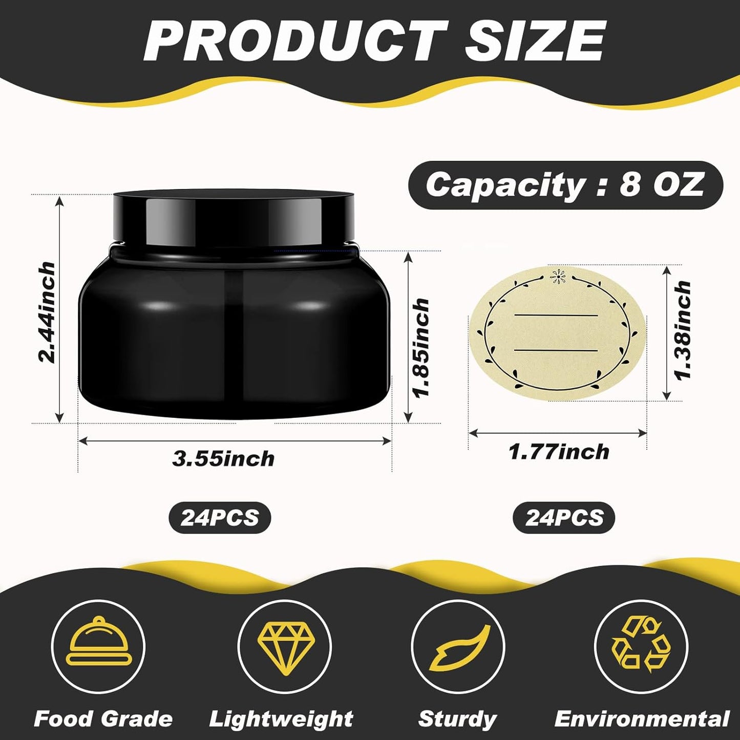 Tessco 24 Pack Plastic Jars with Lids Labels Empty Clear Plastic Jars Round Refillable Cosmetic Containers Body Butter Containers Bulk Sugar Scrub Bottle for Make Up(8 oz,Black)