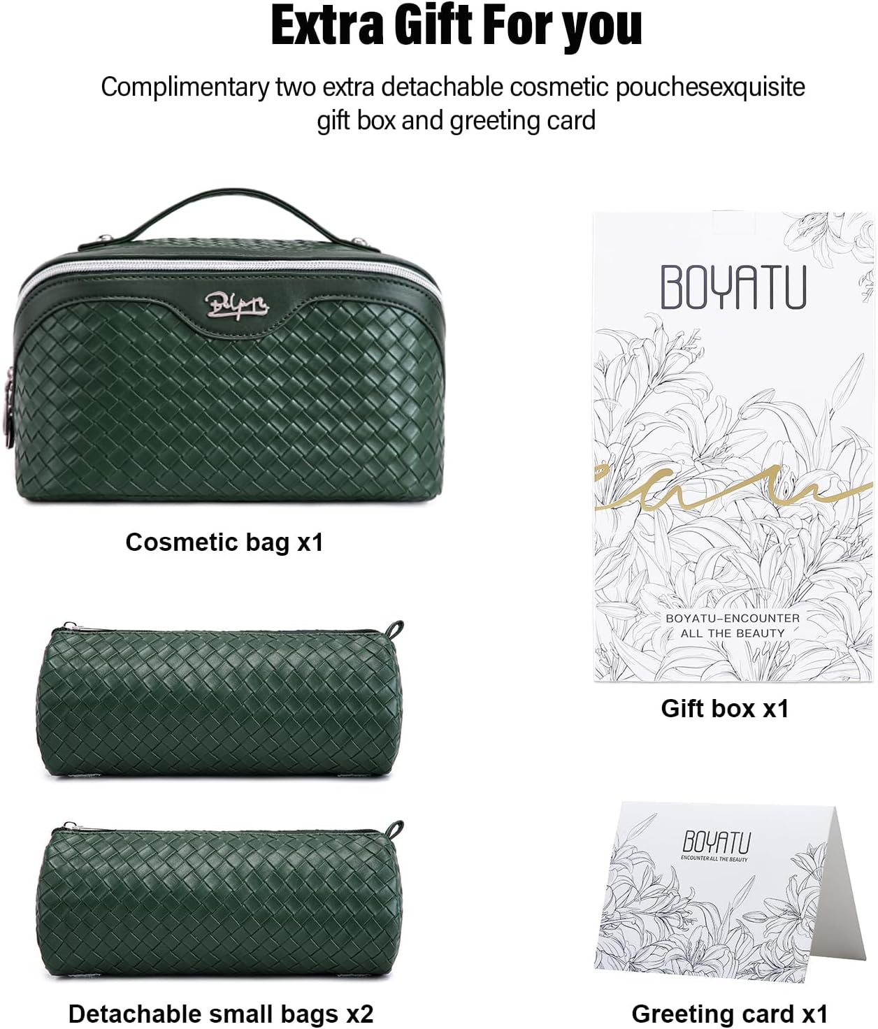 BOYATU Travel Makeup Bag Cosmetic Bags for Women: Large Capacity 3 Pcs Set Make up Bag with Compartments - Waterproof Vegan Leather Toiletry Organizer Bags with Handle - Travel Essentials(L06 Olive)