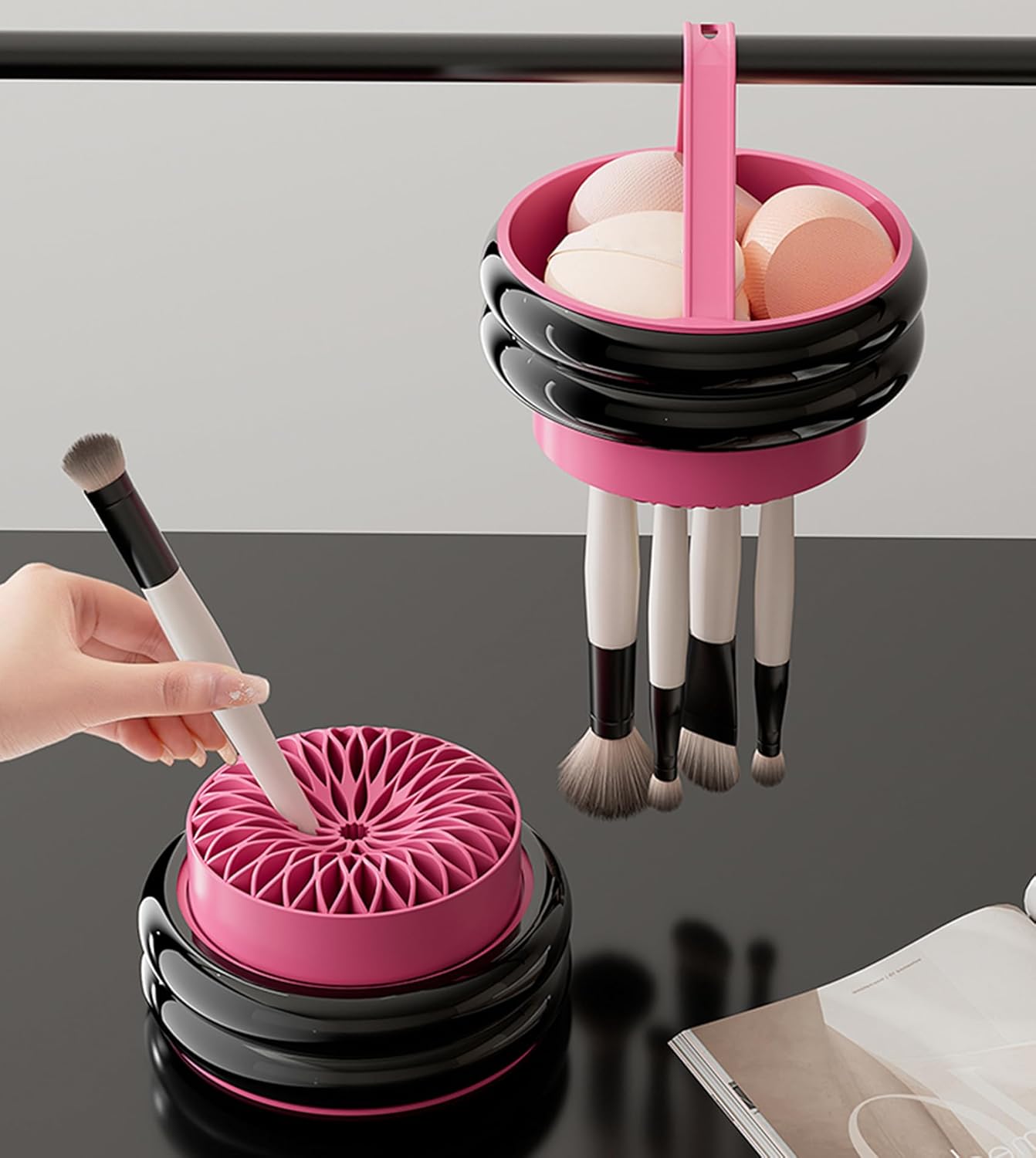 Makeup Brush Holder, 3 in 1 Silicone Makeup Brush Cleaner Mat Pink