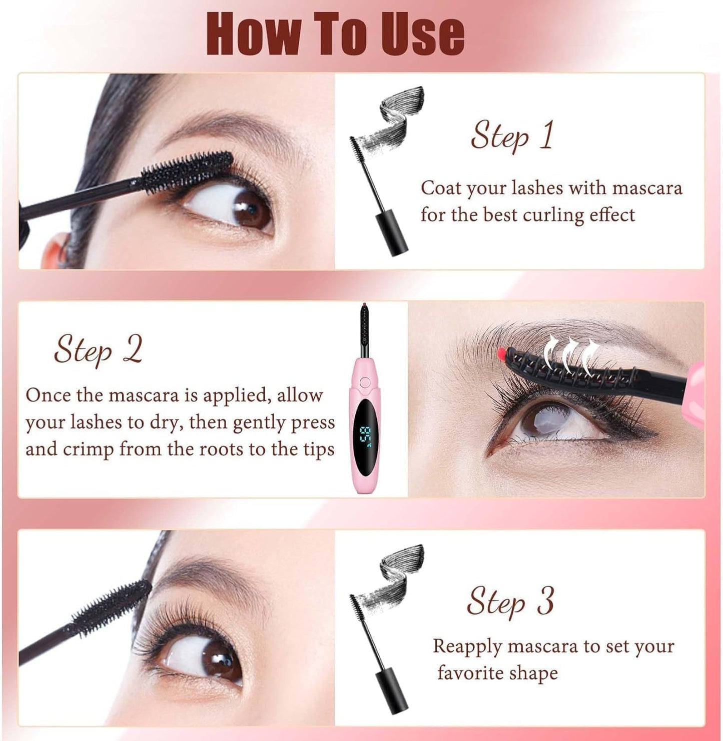 Heated Eyelash Curlers Electric Eyelash Curler with LED Display, 3 Temperature Modes Anti-Burn USB Rechargeable Natural Curling 24H Long Lasting for Women Makeup Tools Gifts PI714