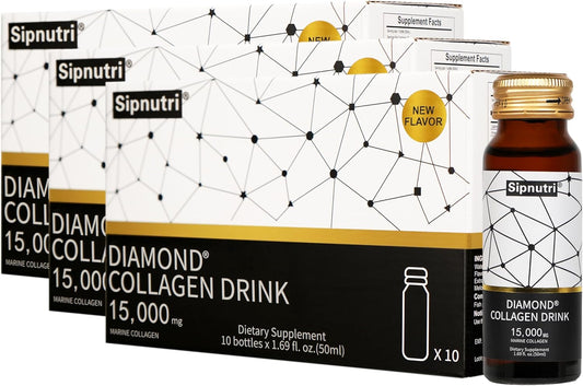 Diamond Liquid Collagen Drink, 15000 mg Hydrolyzed Marine Collagen Peptides with Vitamin C, Pomegranate, Healthy Hair Skin Nails Joints Bones Support, 50 ml x 10 Bottles (3 Boxes)