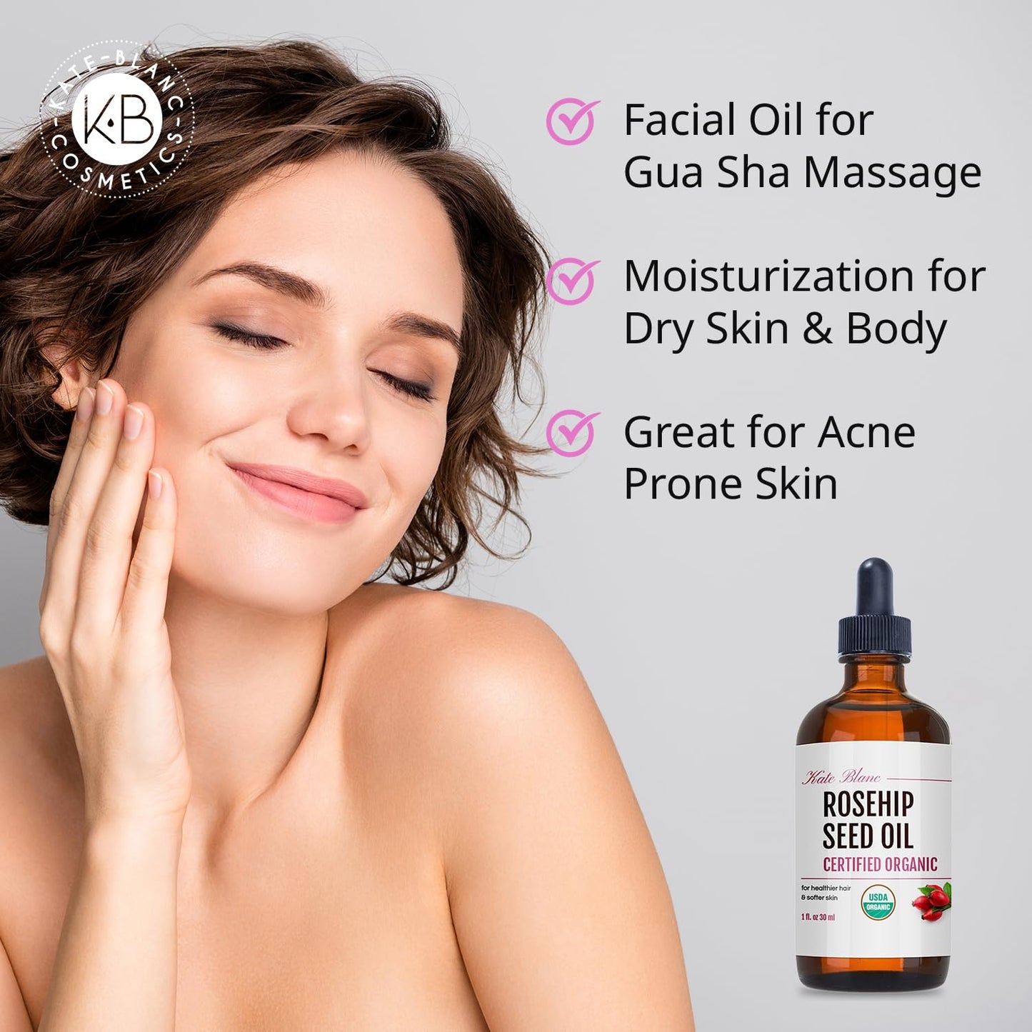 Kate Blanc Cosmetics Rosehip Oil for Face & Softer Glowing Skin (1oz, Organic, Pure, Cold Pressed) Rosehip Seed Face Oil for Facial & Gua Sha Massage