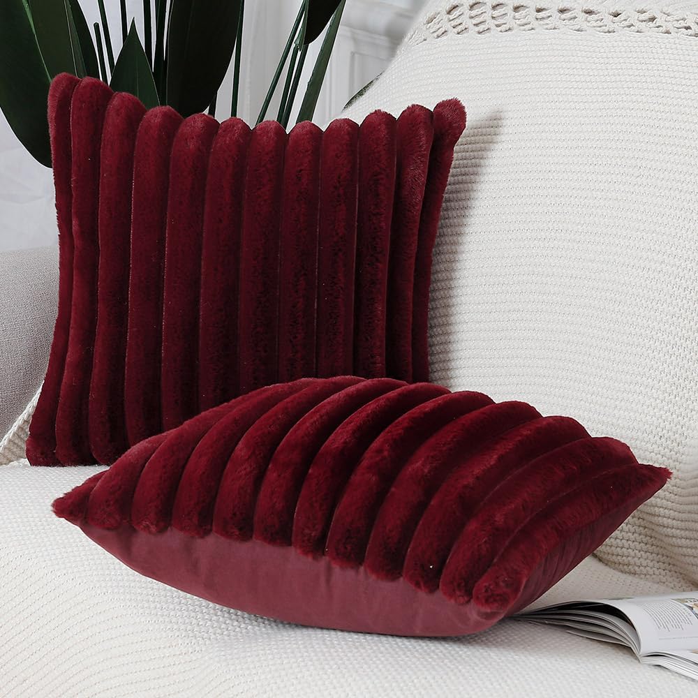 MADIZZ Set of 2 Faux Wool Plush Decorative Throw Pillow Covers 16x16 Inch Burgundy Fluffy Striped Soft Decorative Cushion Cover for Sofa Bedroom Pillow Shell