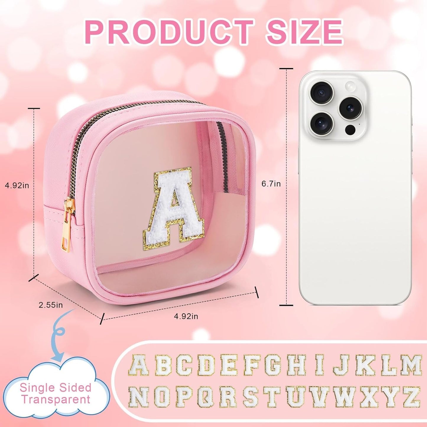 YOOLIFE Mini Initial Makeup Bag | Clear Makeup Bag | Preppy Cosmetic Bags Travel Essentials Gifts for Women Teen Girlfriend Teacher Birthday Clear Toiletry Bag Small Cosmetic Bag for Purse Pink J