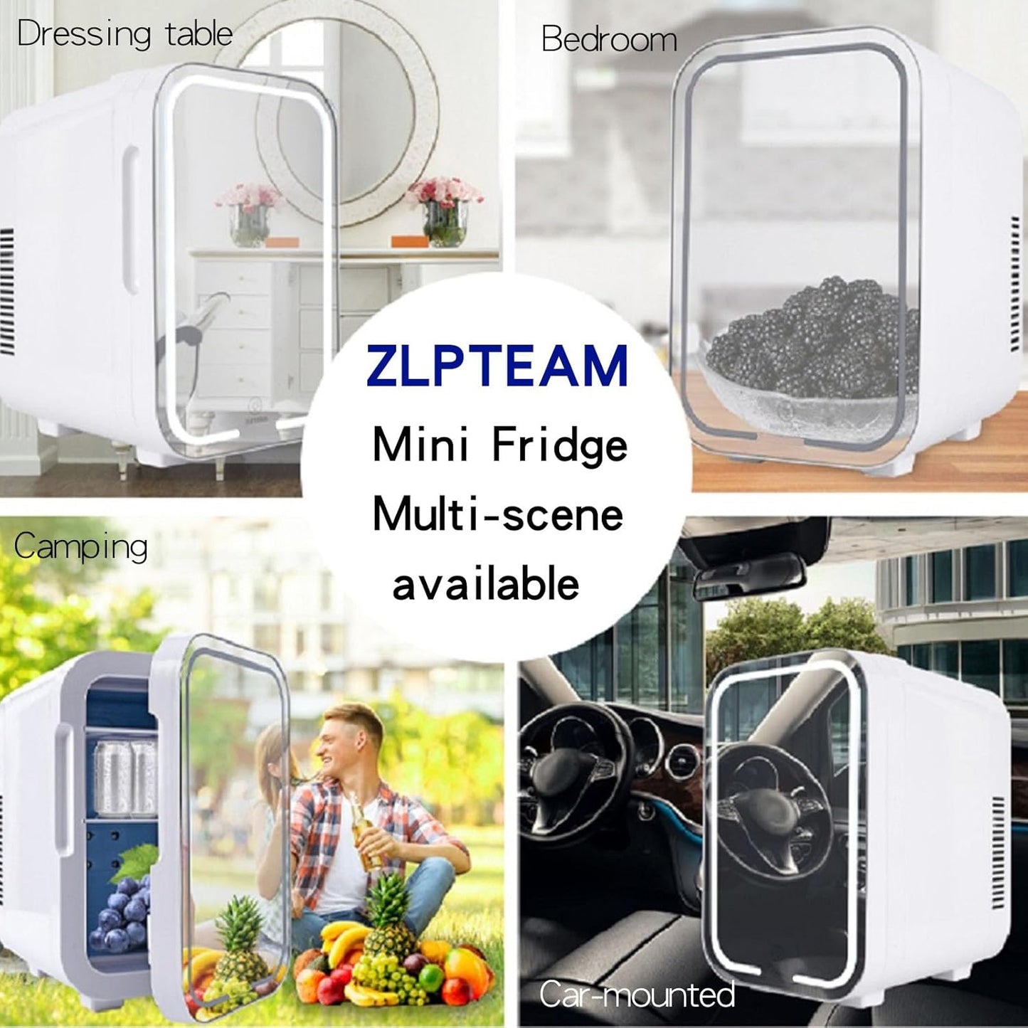 Mini Fridge with Mirror Door & Adjustable LED Lights - 8L Cosmetic Skincare Fridge for Bedroom,Dorm,Mini Car Refrigerator Portable Quiet Cooling,Gift for Women