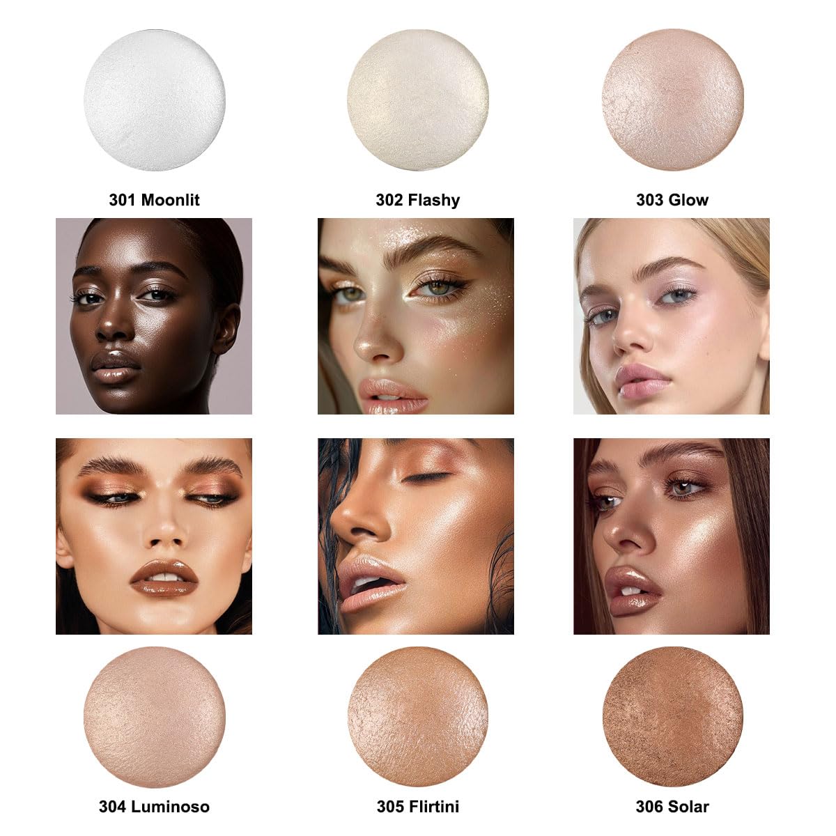 Baked Highlighter Contour Powder Sheer Pearl Shimmer Shades for Face Highlighter Makeup Brighten Up (302-Flashy)