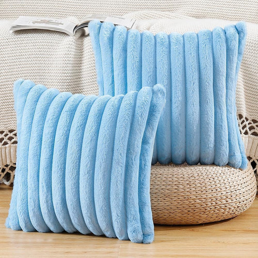 MADIZZ Set of 2 Faux Wool Plush Decorative Throw Pillow Covers 22x22 Inch Light Blue Fluffy Striped Soft Decorative Cushion Cover for Sofa Bedroom Pillow Shell