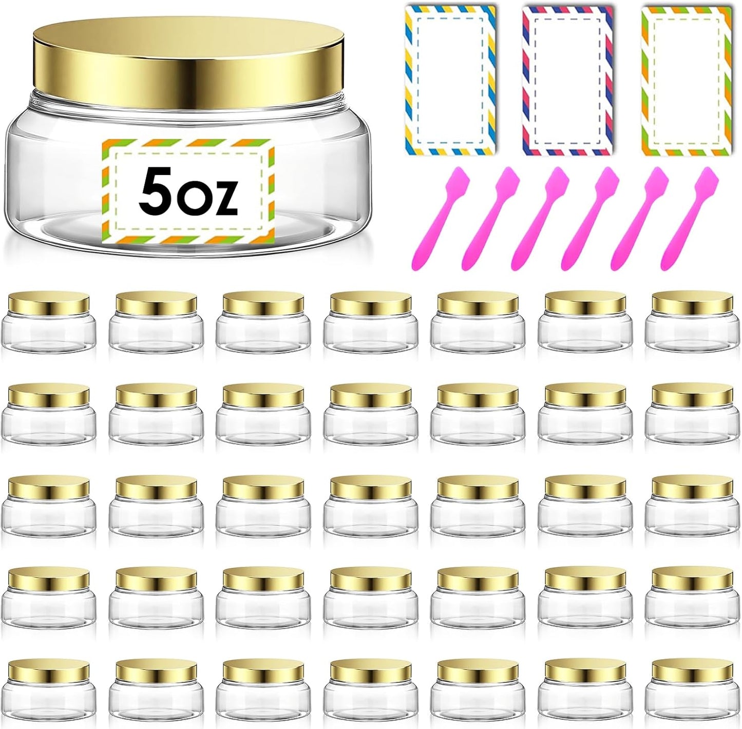36 Pack 5 oz Plastic Cosmetic Containers With Lids Refillable Clear Empty Travle Jars Containers for Body Butter,Sugar Scrubs,Cream,Lotions,Candy, Waterproof Label&Spatulas - (Gold)