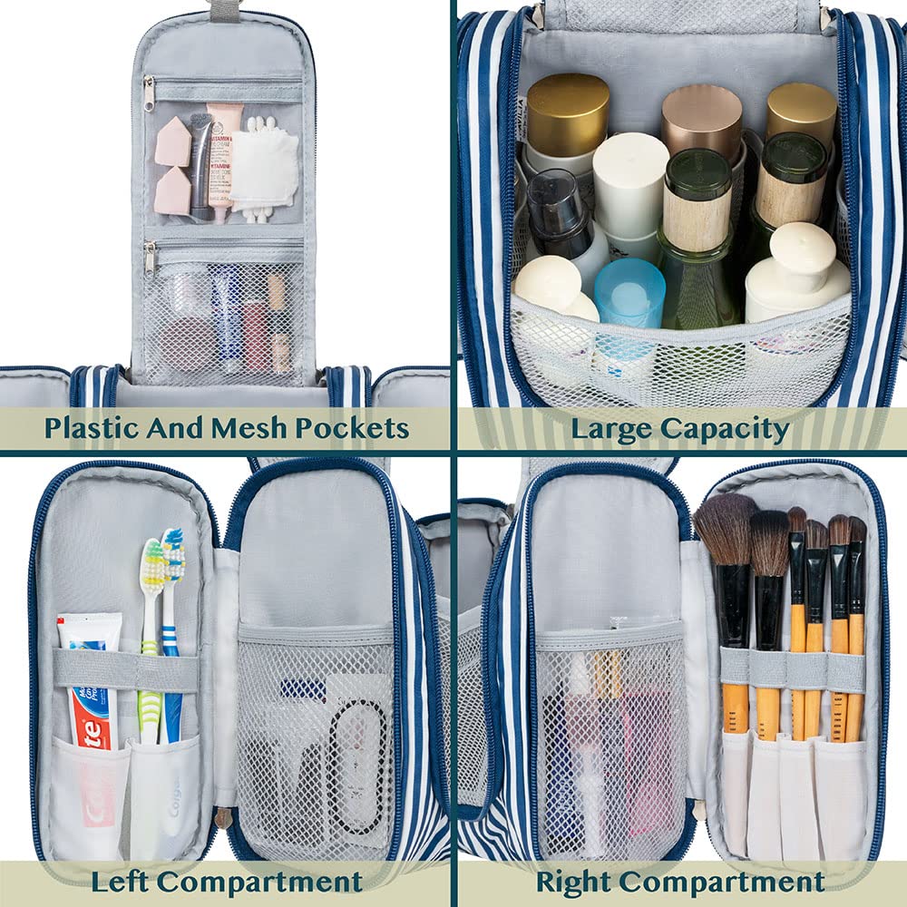 PAVILIA Toiletry Bag Travel Bag for Women Men, Hanging Cosmetic Organizer, Water Resistant Makeup Bag for Accessories Toiletries, Large Travel Essentials Kit (Stripe Navy)