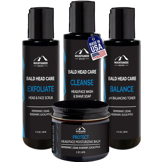 Mountaineer Brand Bald Head Care Gifts For Bald Men | All Natural 4 Step Daily Skin Care for Healthy Scalp & Face | Exfoliate Scrub | Cleanse Wash | Shine Away PH Balance | Protect Moisturizing Balm