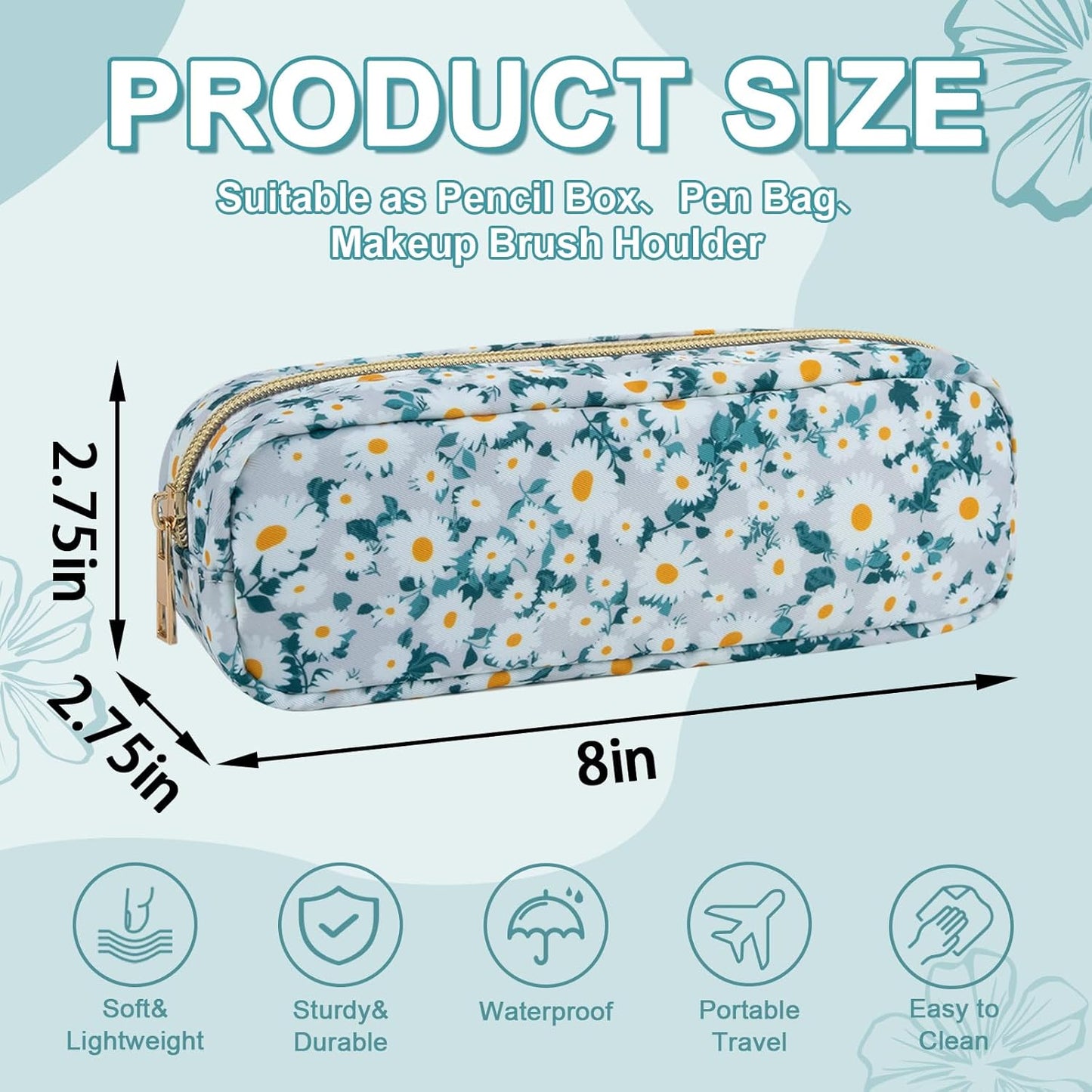 Waterproof Small Floral Pencil Case Makeup Bag for Purse,Cute Flower Pencil Pouch Preppy Nylon Makeup Brush Holder with Zipper,Girls Portable Storage Case for Work(Slim Green-Daisy)