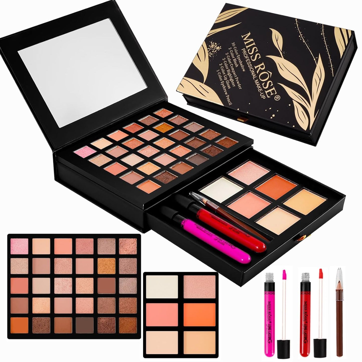 All in One Makeup Kit,Makeup Palette Includes 30 Color Eyeshadow, 2 Color Highlighter，2 Color Pressed Powder，2 Color Blusher，2 Pcs lip gloss，1 Pcs Eyepencil, Mirror,Makeup Gift Set for Women (017N)