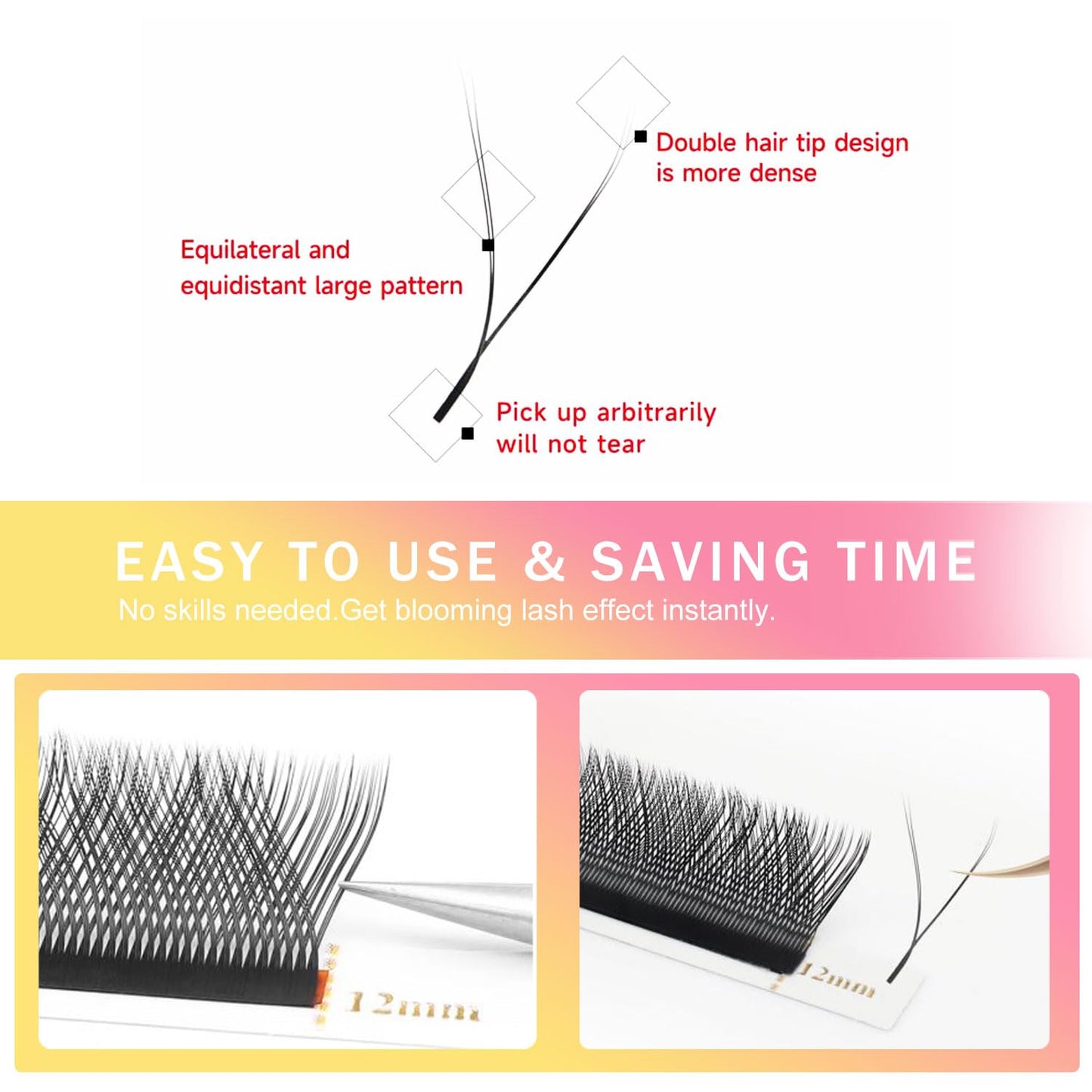 YY Lash Extensions Supplies Y Eyelash Extensions 0.07mm Thickness C Curl 12mm Premade Fans 4D Russian Volume Matte Black 12 Rows Crisscross Eye Lashes(YY-0.07-C,12mm)