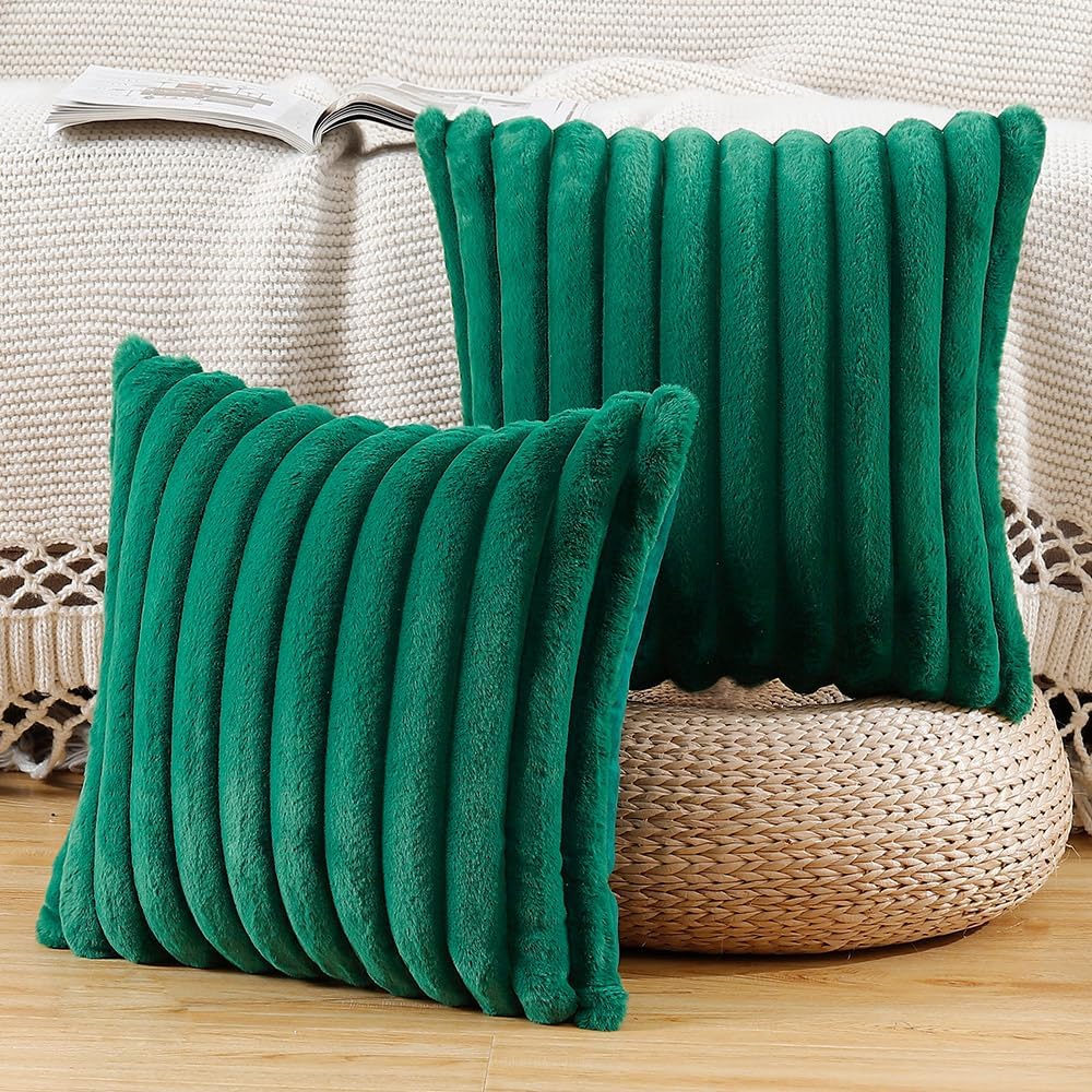 MADIZZ Set of 2 Faux Wool Plush Decorative Throw Pillow Covers 18x18 Inch Green Fluffy Striped Soft Decorative Cushion Cover for Sofa Bedroom Pillow Shell