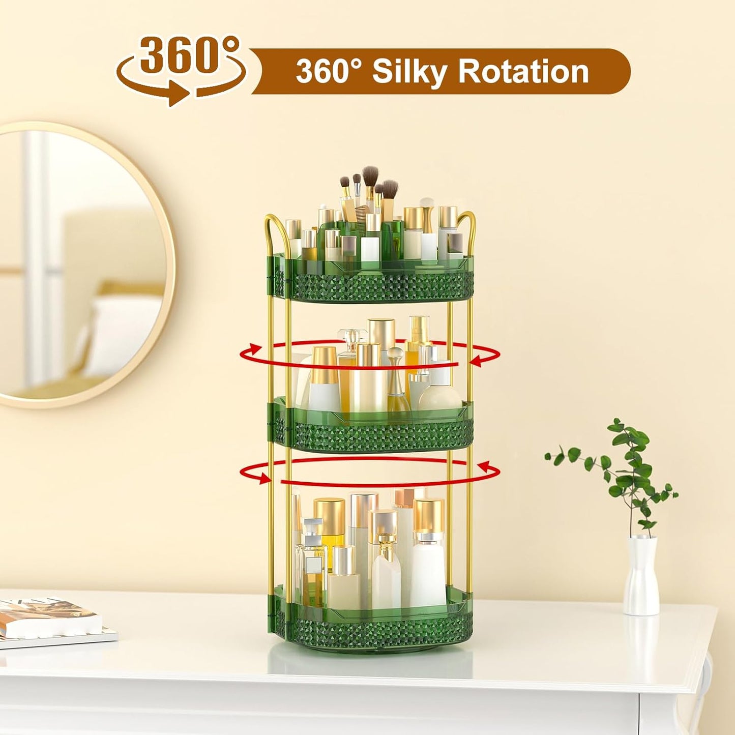 Rotating Makeup Organizer for Vanity 3 Tier, Perfume Organizer with Makeup Brush Holder, Large Capacity Cosmetics Clear Skincare Organizer for Countertop (Green)