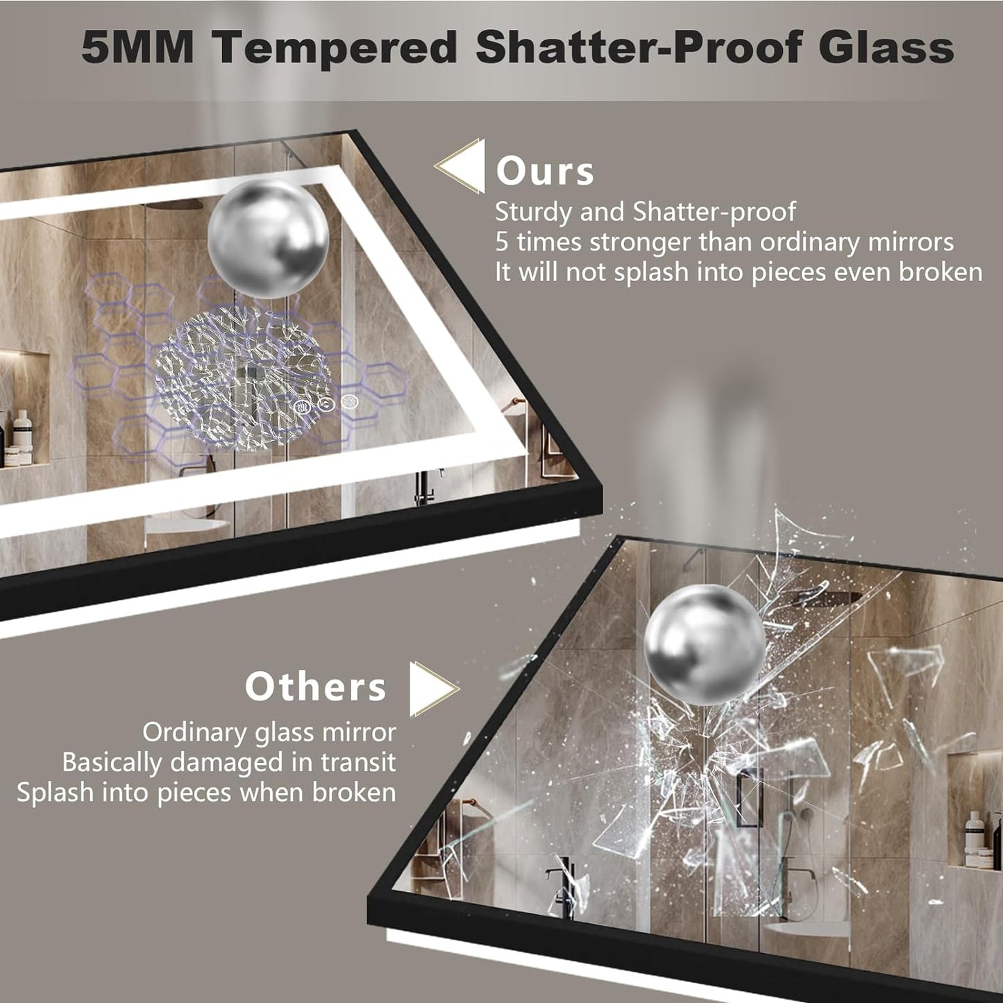 OKPAL 50x40 Black Lighted Mirrors for Bathroom Wall, Framed LED Bathroom Mirror, Defogger, Dimmable, Shatterproof, Memory, 3 Colors, ETL Listed (Front Light and Backlit)