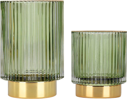 DASITON Makeup Brush holder Organizer, Crystal Cosmetic Makeup Brush Glass Brushes Storage Holder, Vintage Make Up Brush Cup Pen Pencil Holder striped vase(Green S+L)