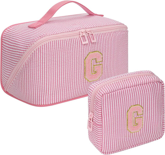 Travel Makeup Bag for Women, 2Pcs Portable Personalized Initial Makeup Organizer Bag, Open Flat Large Cosmetic Bag With Travel Essential Pouch (Pink Letter G)