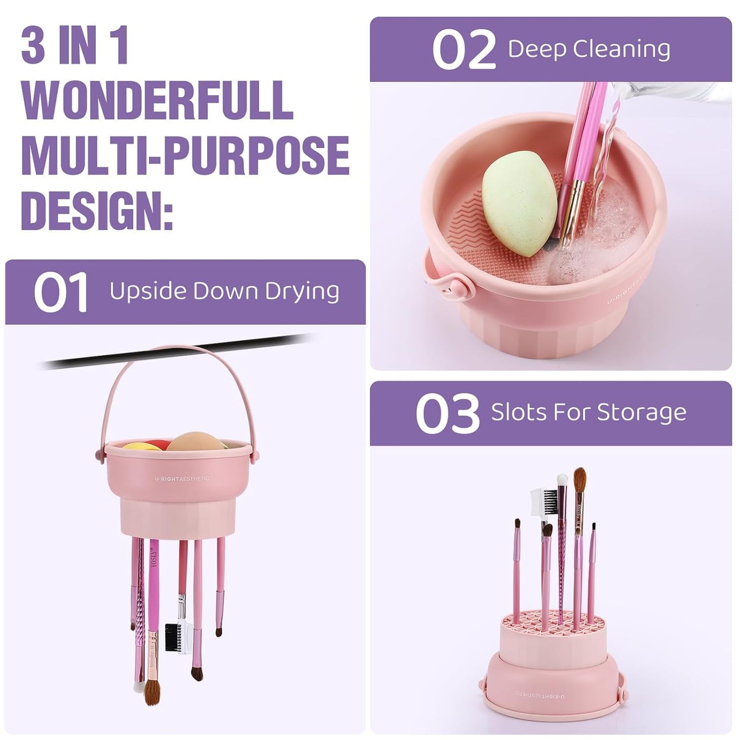 2 Pack Makeup Brush Cleaner Mat 3 in 1 Silicone Makeup Brush Cleaner Makeup Brush Cleaning Bowl Makeup Brush Sponge Scrubber Tool for Cleaning, Storage And Upside Down Drying(Two Khkai)