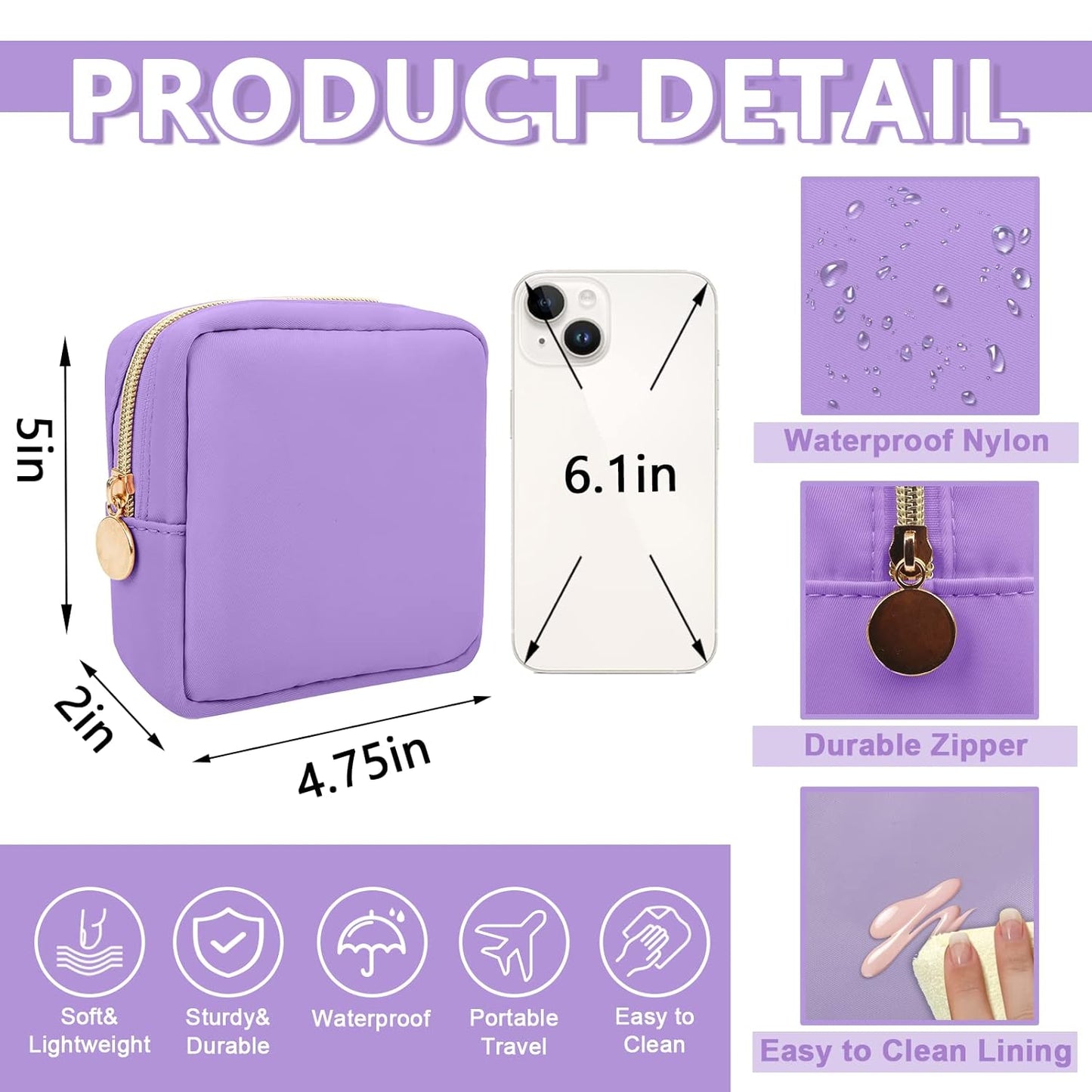 Mini Makeup Pouch for Purse, Small Cosmetic Bag Pouch Nylon Travel Toiletry Organizers for Women Girls, Cute Zipper Pouch Coin Purse Preppy Storage Bag for School Work(Mini-Grape)